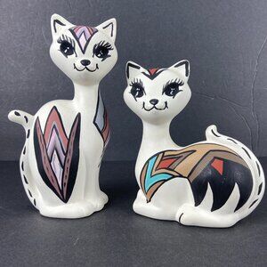 Cat Ceramic Figurine Southwestern Painted Lot of 2 Matte Finish Signed Off White